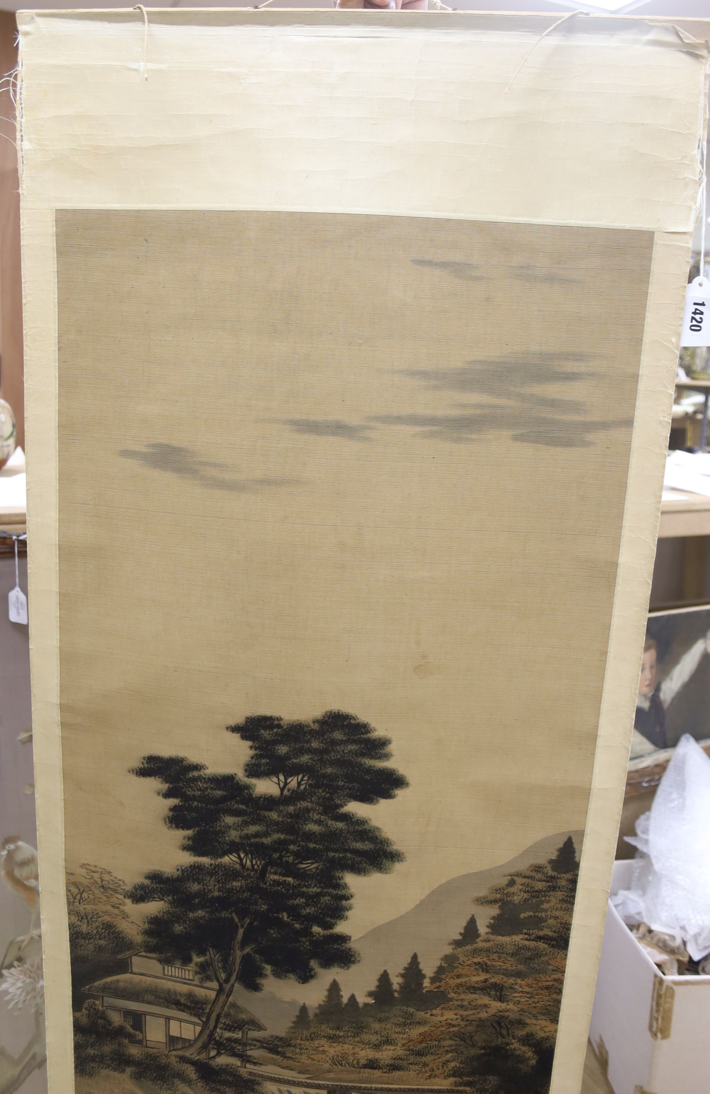 An early 20th century Japanese painted felt and watercolour landscape scroll